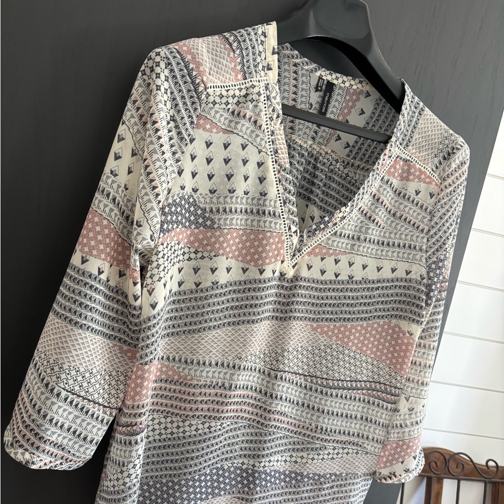 Maurices Geometric V-Neck Blouse - Pink, Gray, White - Picture 3 of 4